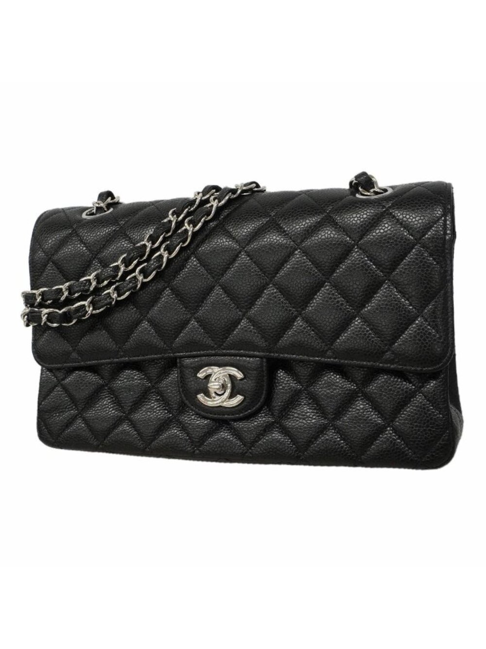 Chanel Shoulder Bag Quilted Caviar Leather Black Silver